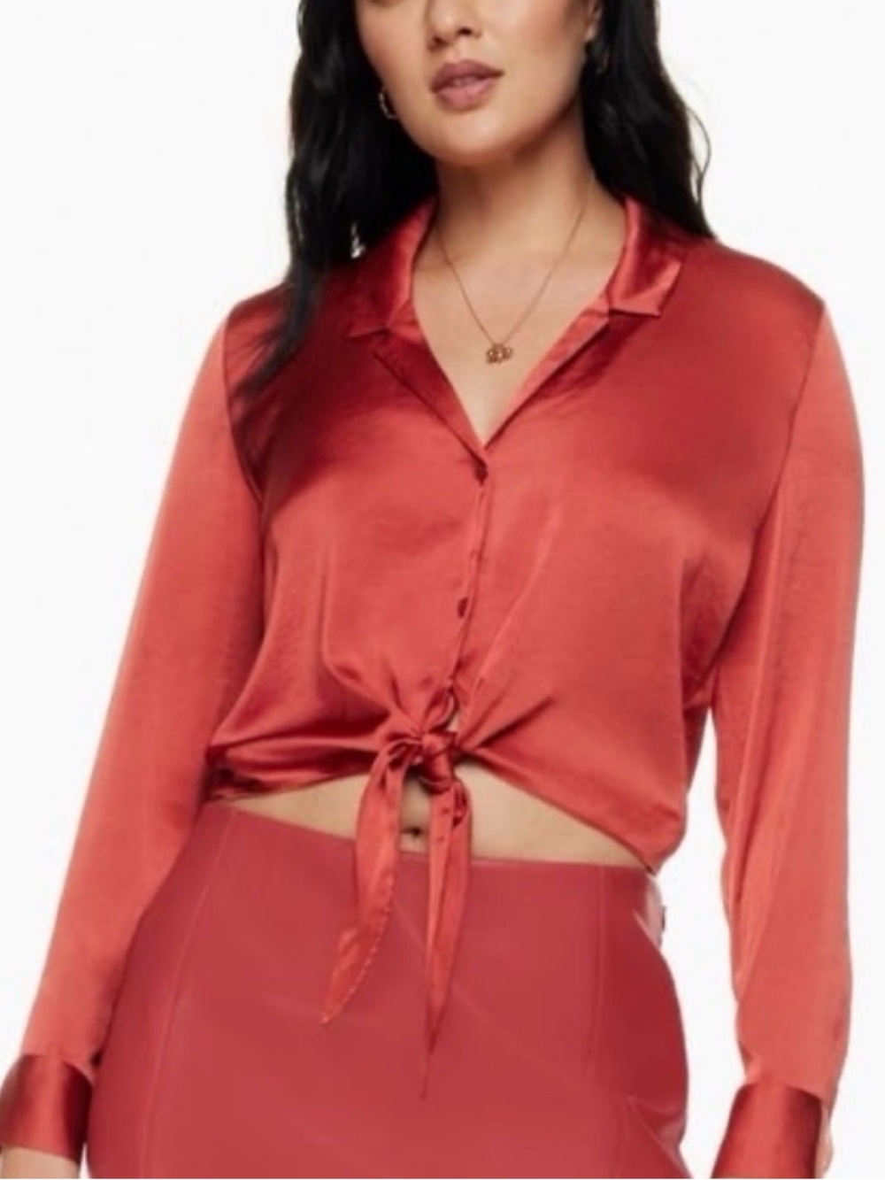 Wilfred Aritzia Tie Front Blouse Red Satin Crop Top Long Sleeve Size XXS